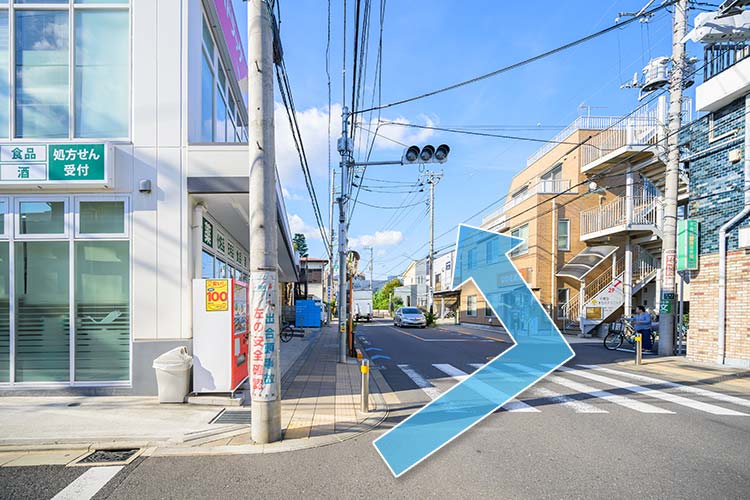 ②横断歩道をわたり、左手に直進する